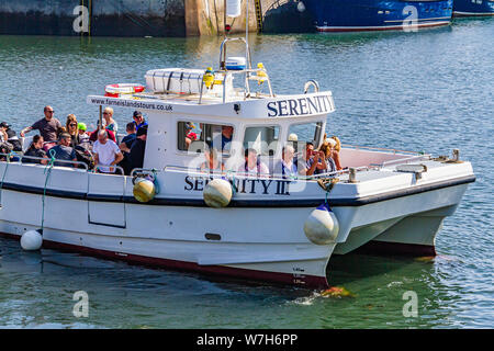 Touristen an Bord der Serenity 3, eine Bootsfahrt zu den Farne Islands, die aus dem Hafen von Nevsehir, Northumberland, Großbritannien. Juli 2019. Stockfoto