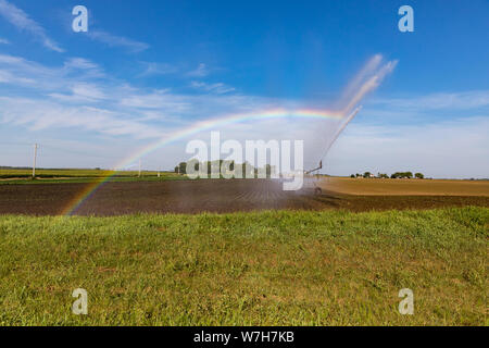 Drehmittelpunkt Bewässerung Wasser auf einer vor kurzem gepflanzt Soja Bauernhof Feld erstellen Regenbogen in der Morgensonne in trockenen Bedingungen Stockfoto