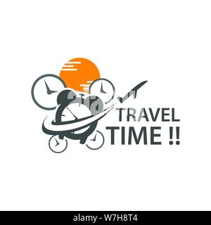 Reisezeit logo Illustration von Uhren Bild mit dem Flugzeug, um zu zeigen, dass es sich Zeit für Wochenende Urlaub Reisen Stock Vektor