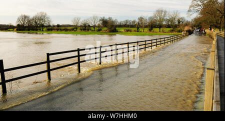 Überflutete Straße und Felder am Fluss Avon in Lacock, Wiltshire im Januar 2008. Stockfoto