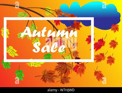Herbst Sale Vektor banner Hintergrund mit Ast mit Blätter im Herbst mit Fall Elemente, regnerischen Cloud, Herbst Typografie und Text in herbstlichen Farben hinterg Stock Vektor