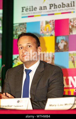 6. August 2019, die St. Mary's College in Belfast. Taoiseach Leo Varadkar Fine Gael. war eines der zentralen Führung Zahlen von politischen Parteien, der auf der Insel Irland, die ihre Sicht auf aktuelle Themen wie Brexit und die Grenze Umfrage vorgestellt Stockfoto