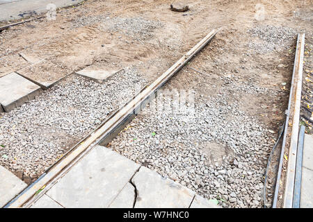 Reparatur der Straßenbahnschienen in Moskau City - zerlegt Tram Eisenbahn Stockfoto