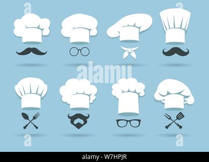 Koch Koch hat Logo. Flache kulinarische Logos Grafiken mit Chefs Hüte und kochen Zubehör, Vektor, Abbildung Stock Vektor