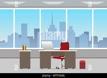 Büro Zimmer Business Interieur. Home oder Büros Workstation mit Stuhl und Computer, Tisch und Fenster, arbeiten Hintergrund cartoon Vektor illu Stock Vektor