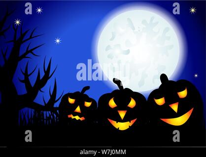 Halloween. Drei Nacht Landschaft, ein Vollmond am Himmel, Sterne, Baum, Silhouette, Gräser Stock Vektor