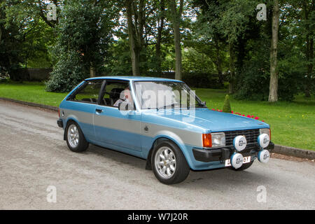 Talbot Sunbeam Lotus 1981, Moonstone Blue.Oldtimer restaurierte Fahrzeuge Autos auf der Autobahn M6 zur Leighton Hall Car Show, UK Stockfoto