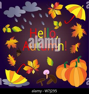 Hallo, Herbst. Kompositionen der Kürbisse, Wolken, Regen, Regenschirm, Pilze, Tassen usw. Postkarte, Hintergrund Stock Vektor