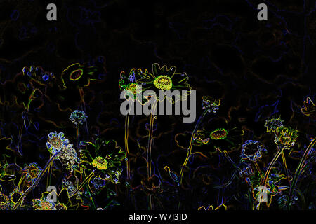Farbenfrohe Abstrakte psychedelischen Neon Jewel-Toned Blumen vor einem schwarzen Hintergrund.