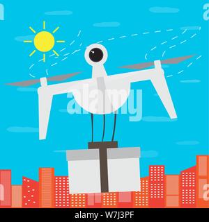 Flying drone eine Box über eine Stadt-Vektor Stock Vektor
