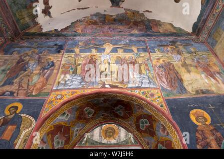 Wand Fresken in der Kirche der Kreuzerhöhung, Moldau Patrauti Kloster aus dem 15. Jahrhundert, Patrauti, Rumänien Stockfoto