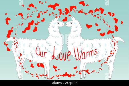 Zwei Liebende, küssen Lamas von Herz umgeben. Liebe ist in der Luft. Beschriftung Unsere Liebe wärmt, Postkarte, Valentinstag Stock Vektor
