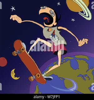 Grafik, lose, animierte Abbildung eines Mannes auf einem Skateboard Springen von der Erde alle den Weg in den Weltraum Stock Vektor