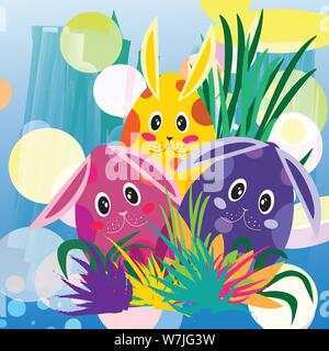 Bunt und hübsch gefleckte Bunnies in Grass mit abstrakten Hintergrund Stock Vektor