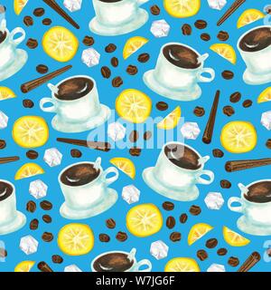Die nahtlose Vektor Muster mit Aquarell Kaffeetassen Zitronenscheiben, Eiswürfel, Bohnen und Zimtstangen Stock Vektor
