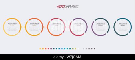 Abstrakte Business Circle Infografik Vorlage mit 6 Schritten. Bunte Diagramm, timeline und Zeitplan auf hellen Hintergrund isoliert. Stock Vektor