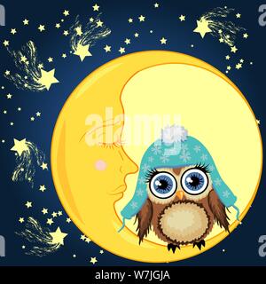 Ein süßes Cartoon braune Eule in eine blaue Kappe sitzt auf einem dösen Crescent vor dem Hintergrund der Nachthimmel mit Sternen Stock Vektor