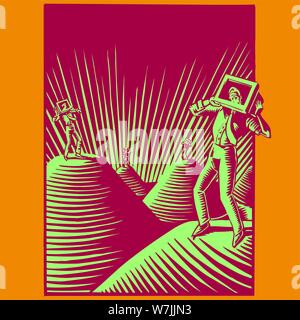 Mehrere Männer stehen auf Hügeln ihre Köpfe in der CRT-Monitoren sitzen auf ihren Schultern angezeigt. Stock Vektor