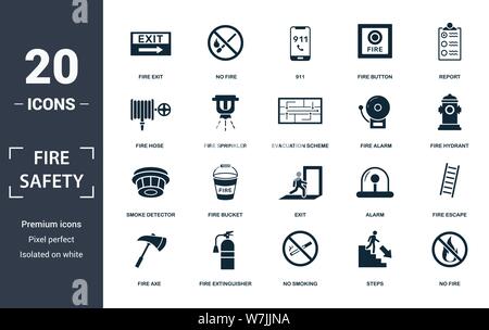 Brandschutz Symbol gesetzt. Gefüllt flachbild Rauchmelder, Feuerwehrschlauch, Notausgang, Alarm, kein Feuer, Feuer, Feuer Button Icons. Bearbeitbaren Format Stock Vektor