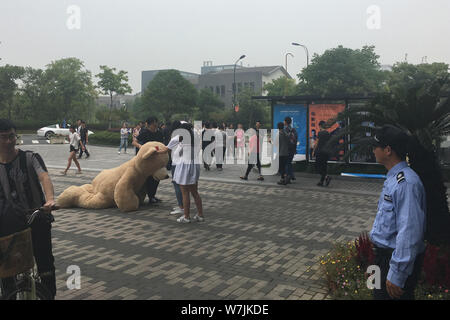 Ein chinesischer Mann der 'Reichen' der zweiten Generation zahlt Hof zu einem Mädchen wie hält er eine 2,5 Meter hohe Riesen Puppe Bär am Hangzhou Normal University in Hangzhou Stockfoto