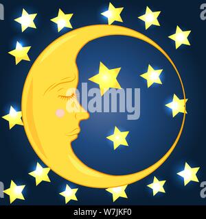 Eine junge Monat mit einem geschlossenen Auge in einem blauen Nachthimmel mit Sternen Stock Vektor