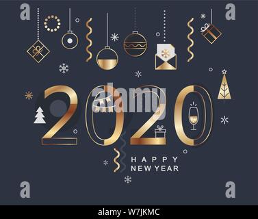 2020 Neue Jahr Banner mit Gold Holiday Elemente auf dunklem Hintergrund. Modernes Design Karte, Poster mit Weihnachtskugeln, Pelz-Baum und die Geschenke, die glücklich Stock Vektor