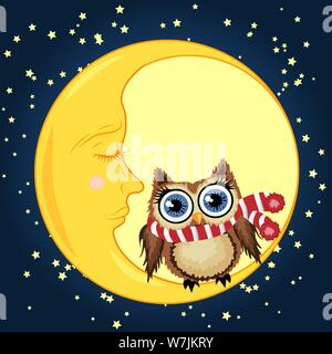 Ein schönes Cartoon braune Eule in einem roten Schal sitzt auf einem schläfrig Halbmond vor dem Hintergrund der Nachthimmel mit Sternen Stock Vektor