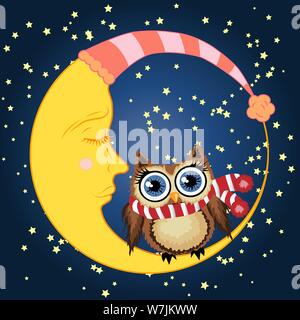 Ein schönes Cartoon braune Eule in einem roten Schal sitzt auf einem schläfrig Halbmond vor dem Hintergrund der Nachthimmel mit Sternen Stock Vektor