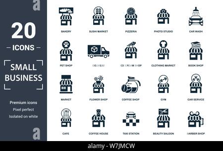 Small Business Icon Set. Enthalten flachbild Markt gefüllt, Taxistand, Auto waschen, Eisdiele, Bäcker, Buch Shop, Friseur shop Symbole. Bearbeitbaren Format Stock Vektor