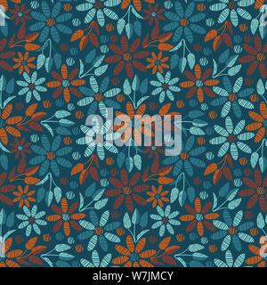 Die nahtlose Vektor Muster mit Teal und orange Blüten Stock Vektor