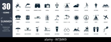 Sommer Symbol gesetzt. Gefüllt Flachbild sun, Anker, Sonnenbrille, Palm, Flugzeuge, Rucksack, badeanzug Symbole. Bearbeitbaren Format Stock Vektor