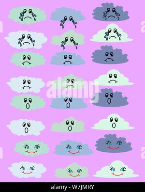 Schöne niedliche Wolken, kawaii Stil. Satz von Emoticons, Emoji. Smile Icons. Isolierte Abbildung Stock Vektor