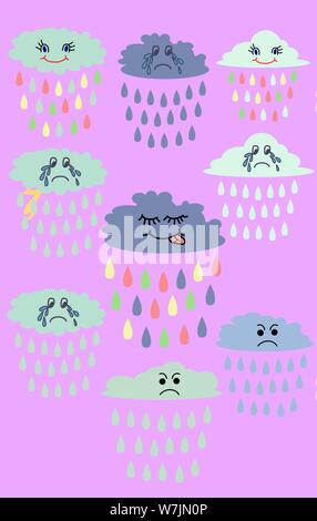 Schöne niedliche Wolken, kawaii Stil. Satz von Emoticons, Emoji. Smile Icons. Isolierte Abbildung Stock Vektor
