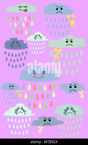 Schöne niedliche Wolken, kawaii Stil. Satz von Emoticons, Emoji. Smile Icons. Isolierte Abbildung Stock Vektor