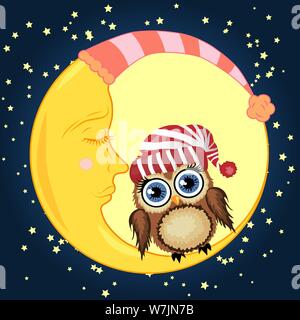 Ein schönes Cartoon braune Eule in einem Red Hat sitzt auf einem schläfrig Halbmond vor dem Hintergrund der Nachthimmel mit Sternen Stock Vektor