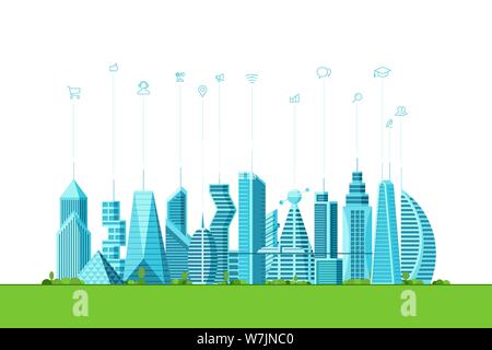 Smart City Technologiekonzept der Zukunft. Stadtbild Moderne Wolkenkratzer Gebäude mit Infografik Social Media Internet Kommunikation Netzwerk-Icons. Futuristische Architektur Vektorgrafik Stock Vektor