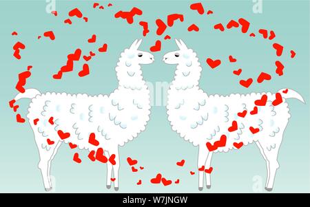 Zwei Liebende küssen Lamas von Herz umgeben. Liebe in der Luft, Postkarte auf den Tag des Heiligen Valentin Stock Vektor