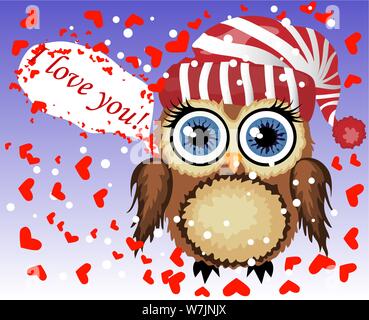 Schönes cartoon braune Eule umgeben von Herzen sagt, ich liebe dich. Liebe in der Luft, Valentinstag, Postkarte Stock Vektor