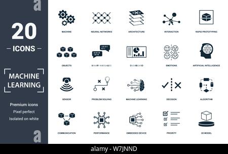 Machine Learning Symbol gesetzt. Gefüllt flachbild Machine Learning, Problemlösung, Algorithmen, künstliche Intelligenz, 3d-Modell, Emotionen, Interaktion Stock Vektor