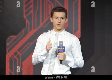 Englisch Schauspieler Tom Holland besucht eine Premiere für seinen neuen Film 'Spider-Man: Homecoming" in Peking, China, 4. September 2017. Stockfoto