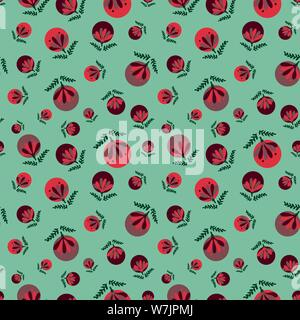 Die nahtlose Vektor Muster mit roten Christbaumkugeln auf grünem Hintergrund Stock Vektor