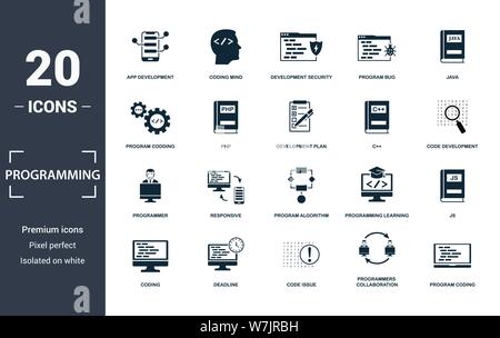 Programmierer Icon Set. Gefüllt flachbild Codierung, php, Programmierung lernen, die Entwicklung von Apps, JS, Programm, Algorithmus, Programm Fehler Symbole. Bearbeitbaren Format Stock Vektor