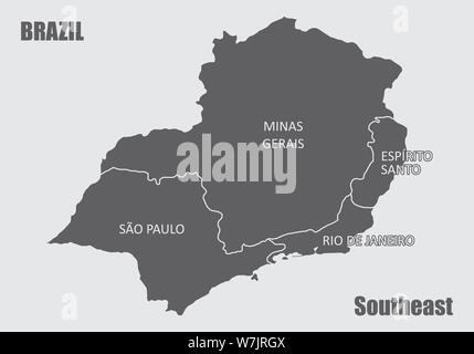 Graue Karte von Brasilien Südost Region auf weißem Hintergrund Stock Vektor