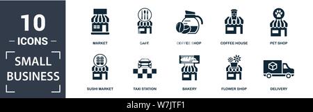 Small Business Icon Set. Gefüllt flachbild Markt, Pet Shop, Lieferung, Eisdiele, Buch Shop, Café, Cafe, Pizzeria Symbole. Bearbeitbar Stock Vektor