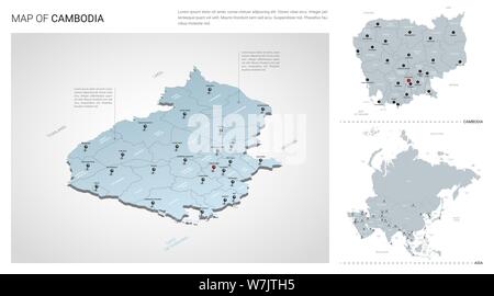 Vektor einrichten von Kambodscha Land. Isometrische 3d-Karte, Kambodscha, Asien Karte - mit Region, Staat Namen und Städtenamen. Stock Vektor