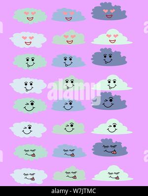 Schöne niedliche Wolken, kawaii Stil. Satz von Emoticons, Emoji. Smile Icons. Isolierte Abbildung Stock Vektor