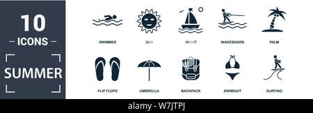 Sommer Symbol gesetzt. Gefüllt Flachbild sun, Regenschirm, Flip Flops, Palm, Rucksack, Yacht, Schwimmer, Wakeboard Symbole. Bearbeitbaren Format Stock Vektor