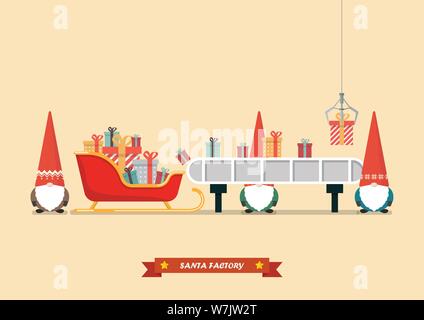 Santa sleigh mit Stapel Geschenke warten ein Geschenk Boxen von Roboter Maschine. Vector Illustration Stock Vektor