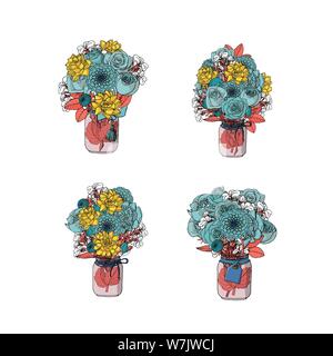Hand gezeichnet Doodle style Bouquets verschiedener Blumen isoliert Stock Vektor