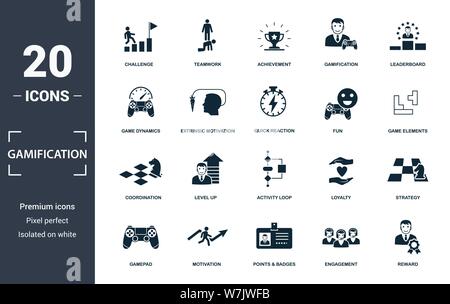 Symbol für Gamification gesetzt. Enthalten gefüllt flache Spiel Dynamik, Leistung, Spiel Elemente, Punkte und Abzeichen, Ranglisten, Aktivität Schleife, Level-up-Symbole Stock Vektor